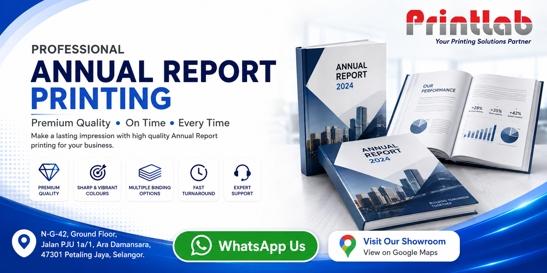 Printlab Marketing corporate annual report printing sample with perfect binding in Petaling Jaya showroom