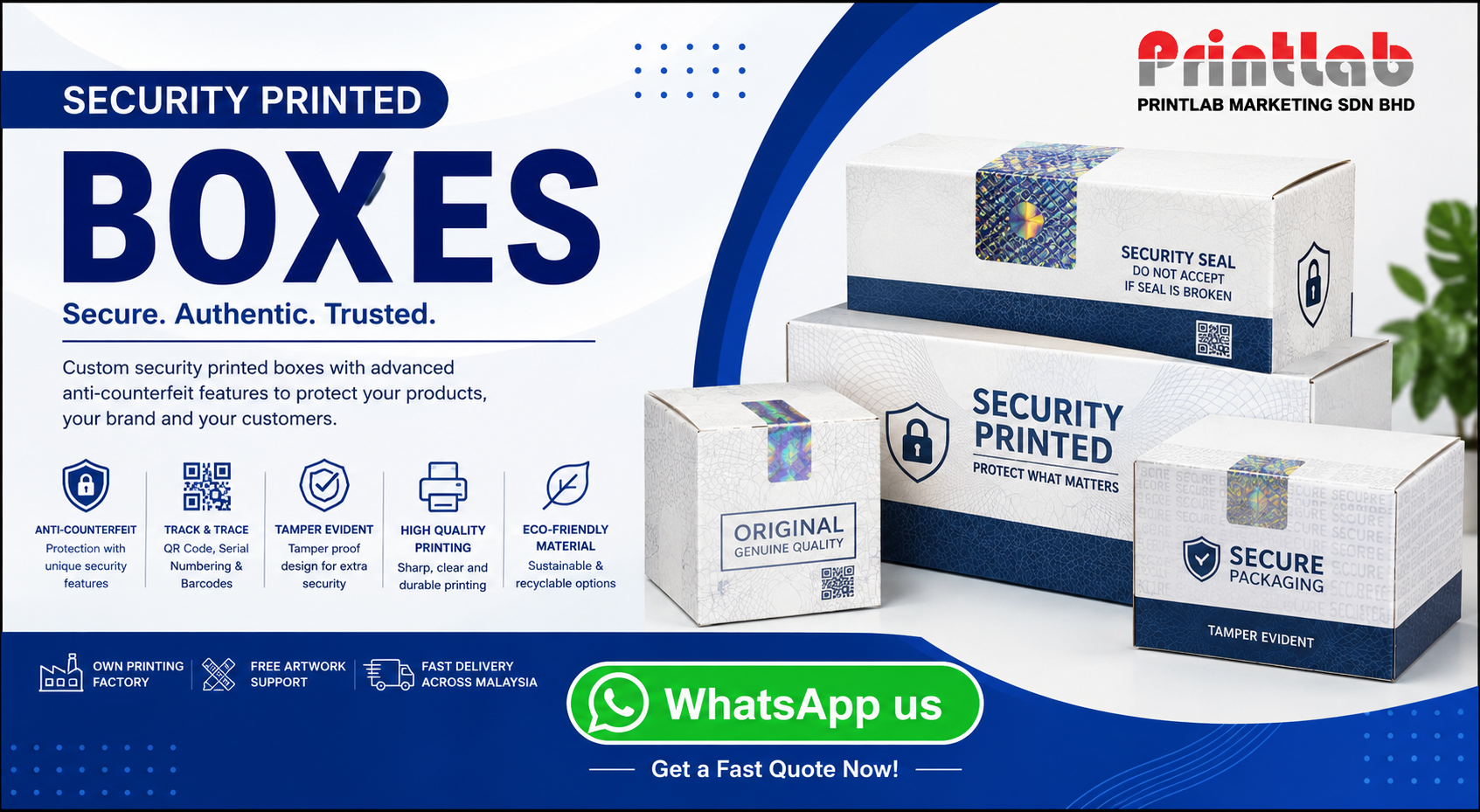 Custom security printed retail box displaying high-resolution serialized QR codes, tamper-evident holographic foil seals, and microtext patterns on a professional blue and white corporate packaging layout at the Printlab factory.