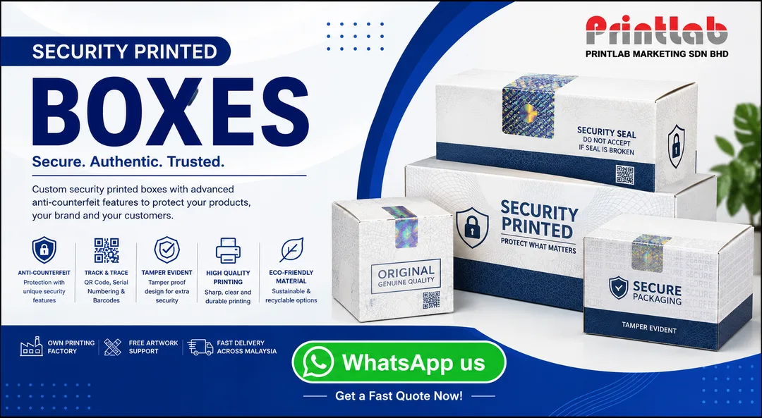 Custom security printed retail box displaying high-resolution serialized QR codes, tamper-evident holographic foil seals, and microtext patterns on a professional blue and white corporate packaging layout at the Printlab factory.
