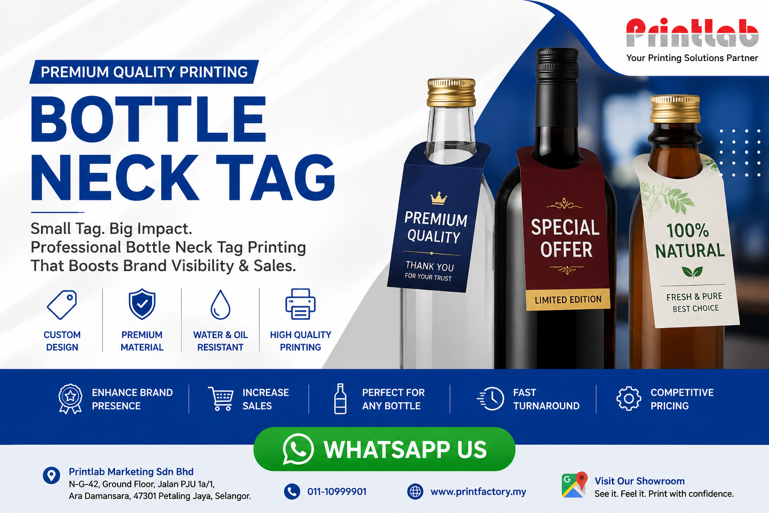 Custom printed die-cut bottle neck tags with crisp crease lines and specific hole diameters fitted onto retail beverage bottles by Printlab Marketing Sdn Bhd.