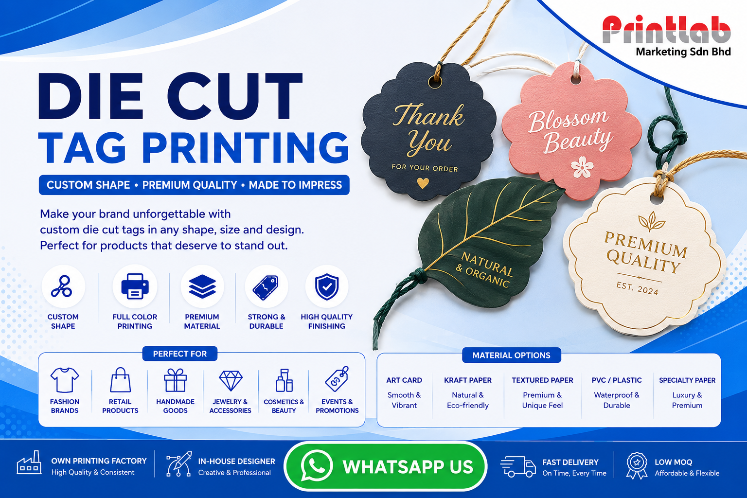 Elegant custom shape die cut clothing hang tags with matte lamination, hot foil stamping, and black string attachments displayed at the Printlab Marketing showroom.