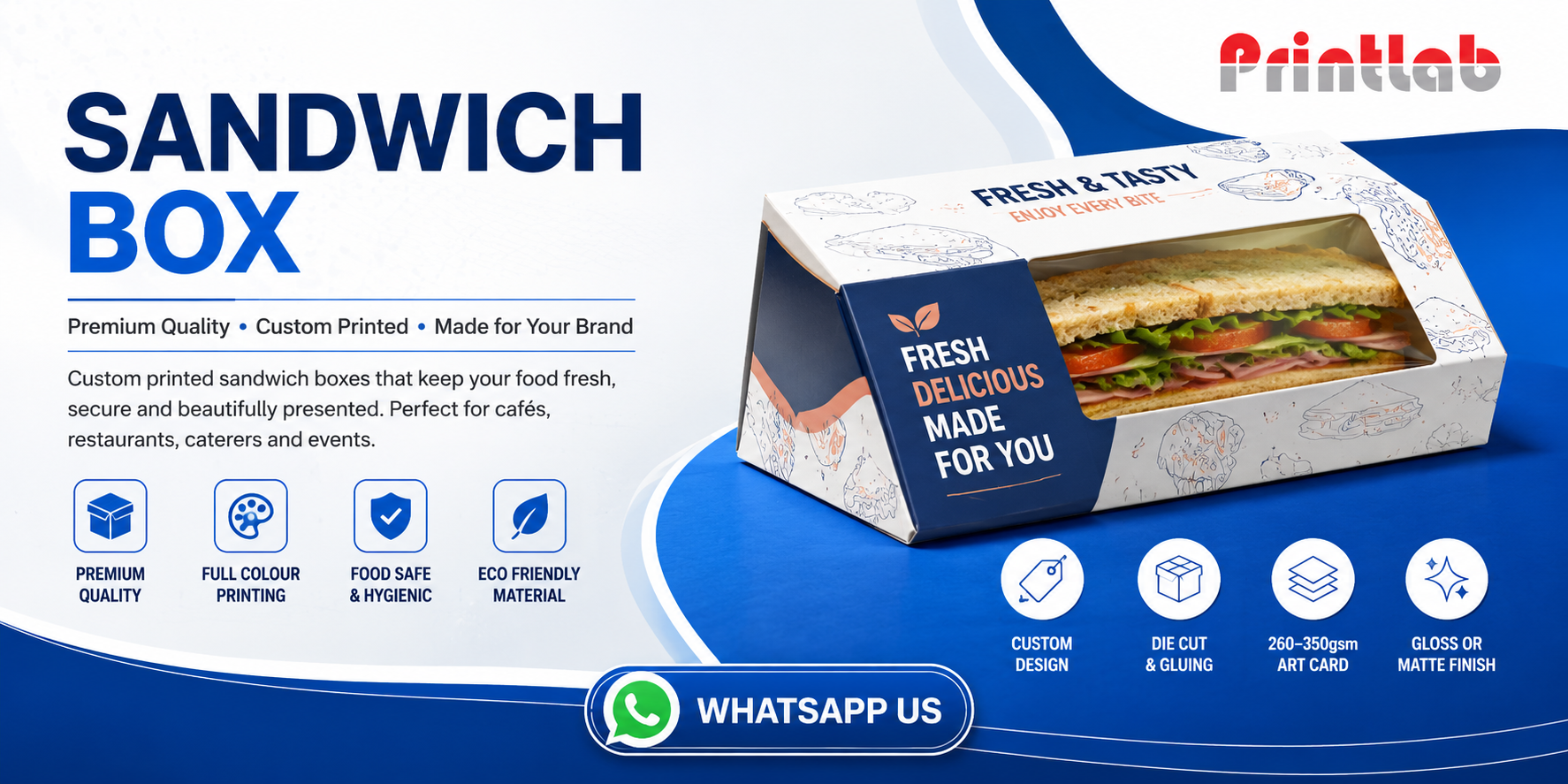 Custom printed biodegradable sandwich packaging boxes with transparent anti-fog PET window patching and oil-resistant internal PE barriers produced at the Printlab Marketing Sdn Bhd factory.