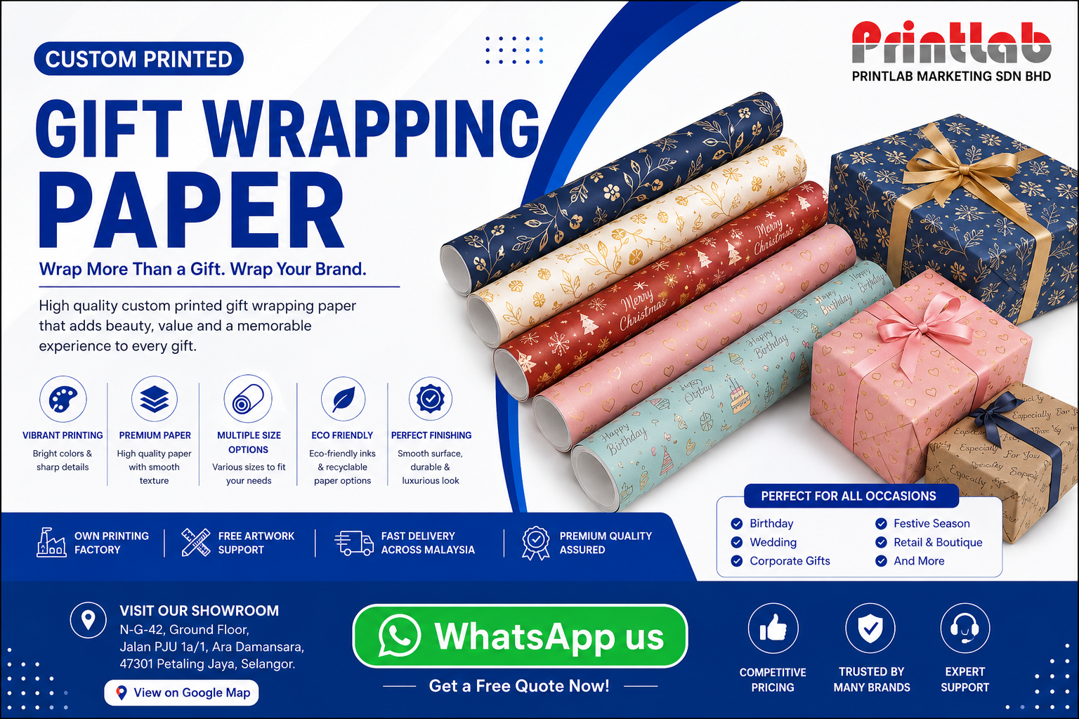 Custom printed premium corporate gift wrapping paper featuring vibrant brand patterns, high-definition logos, and elegant matte finishes produced at the Printlab factory showroom.