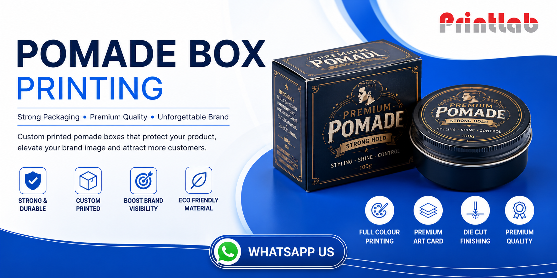 Custom printed premium pomade retail packaging boxes featuring high-density black textures, precise gold foil hot stamping patterns, and oil-barrier matte lamination manufactured at the Printlab Marketing Sdn Bhd factory.