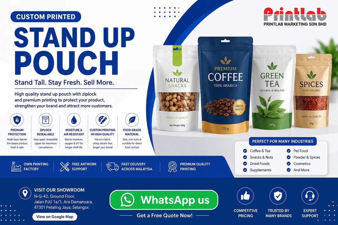 Custom printed stand up pouches with secure resealable ziplock tracks, clean tear notches, and high-impact branding graphics displayed at the Printlab factory showroom.