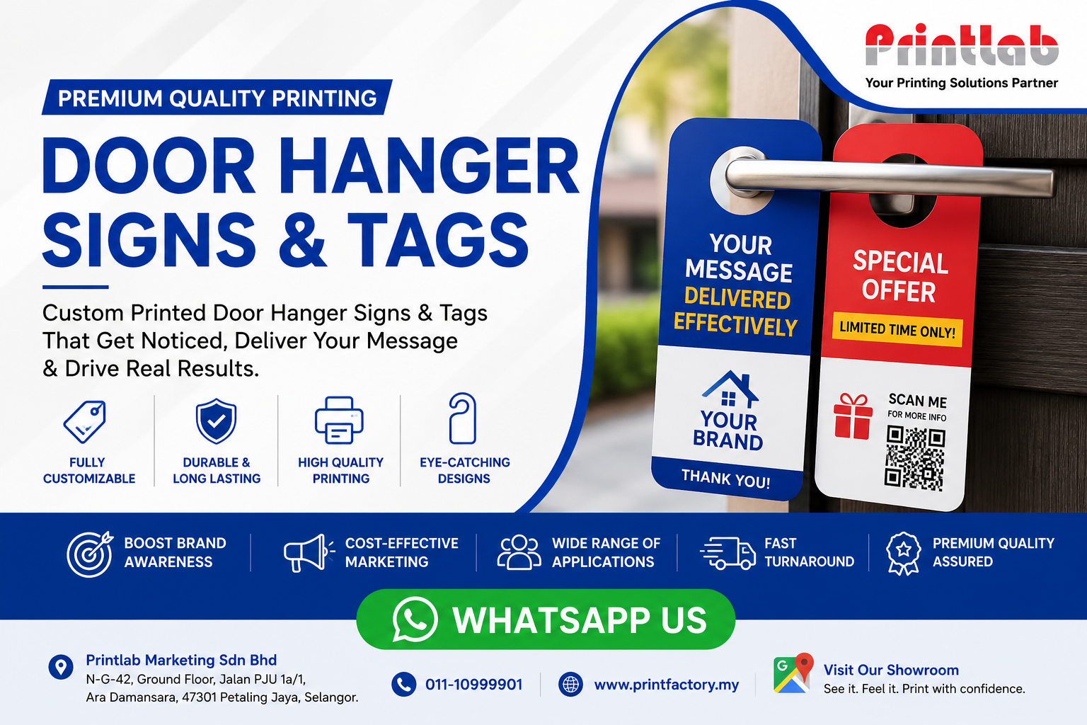 High-resolution double-sided full-color custom printed marketing door hangers with precision die-cut circular knob hooks produced at the Printlab Marketing printing facility.