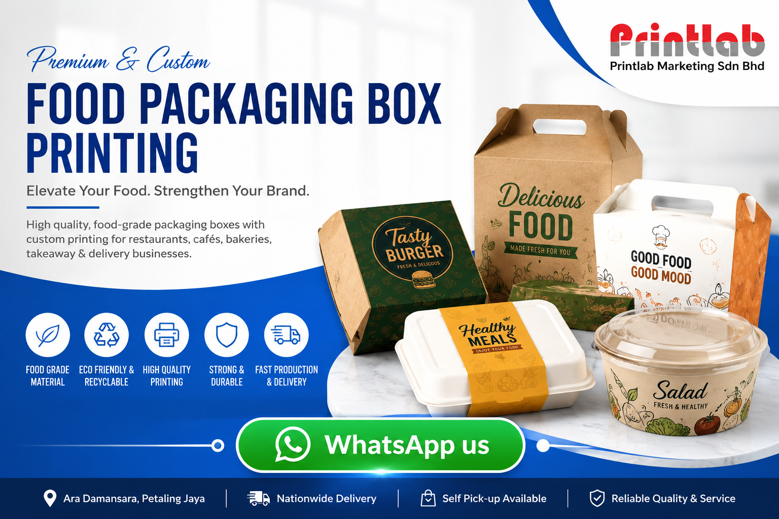 Custom Food Packaging Box Printing in Petaling Jaya by Printlab Marketing Sdn Bhd – Eco-Friendly Custom Printed Food Boxes for Restaurants, Cafés, Bakeries and Takeaway Businesses
