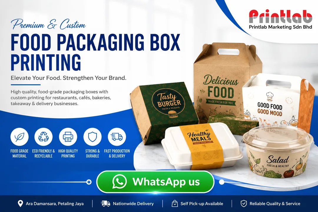 Custom Food Packaging Box Printing in Petaling Jaya by Printlab Marketing Sdn Bhd – Eco-Friendly Custom Printed Food Boxes for Restaurants, Cafés, Bakeries and Takeaway Businesses