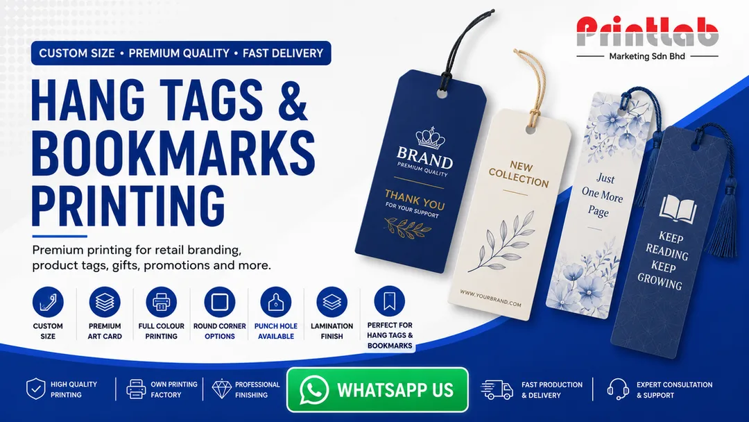 Hang Tag and Bookmark Printing in Petaling Jaya by Printlab Marketing Sdn Bhd with Custom Size Premium Print Finishing