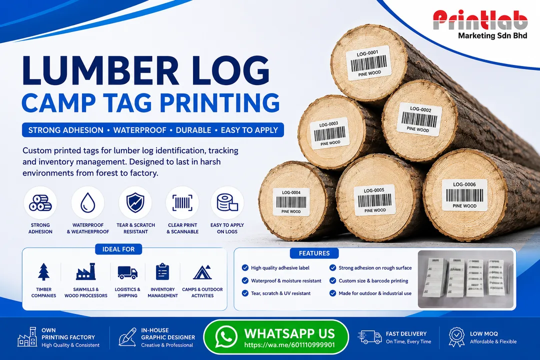 Heavy duty weather-resistant synthetic lumber log camp tags featuring variable data barcodes, sequential numbers, and metal eyelets engineered for harsh timber yard environments.