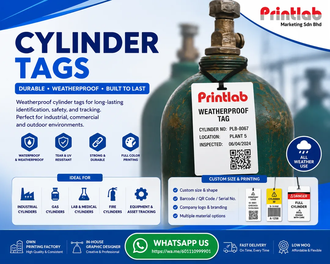 High-durability synthetic PP waterproof cylinder tags featuring industrial barcode tracking, bright safety warnings, and precision center punch holes stacked at Printlab Marketing factory
