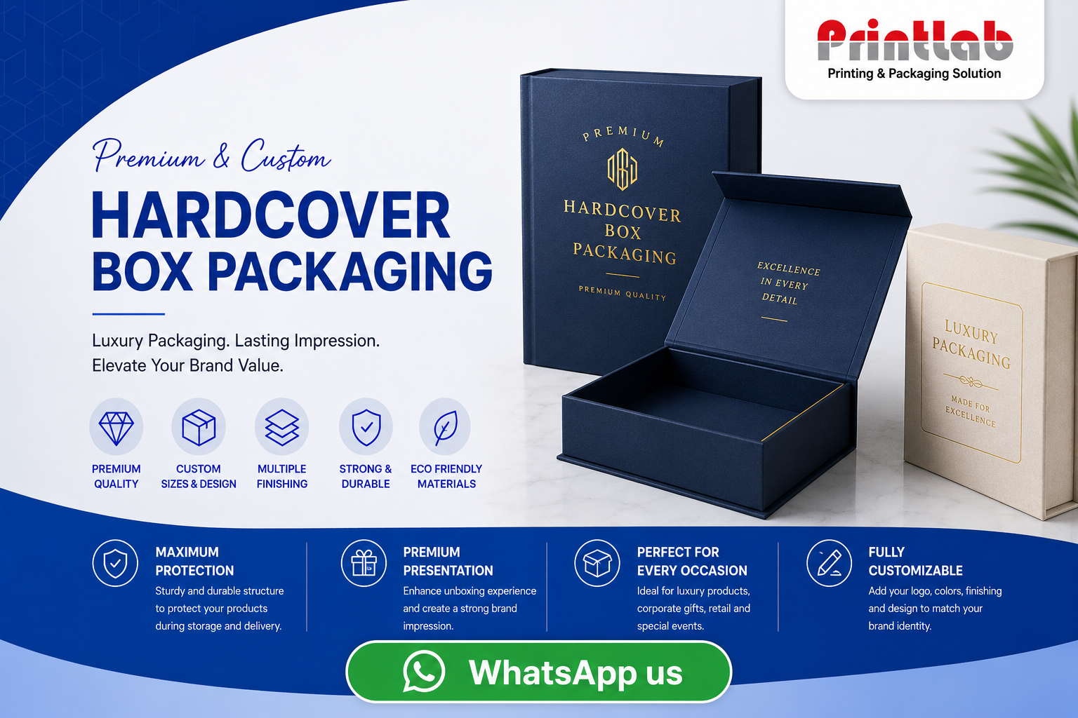 Custom premium luxury hardcover boxes and rigid structural packaging featuring smooth magnetic fold-over flaps, velvet internal trays, and crisp hot foil stamping logos on display at Printlab Marketing Sdn Bhd.