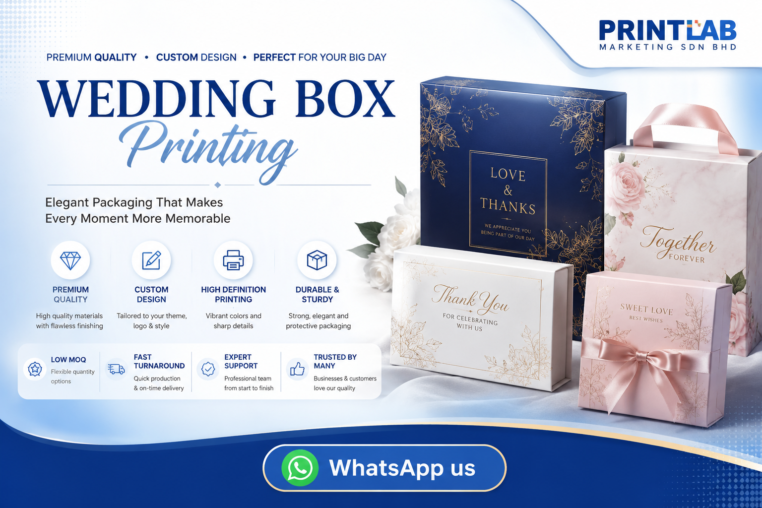 Bespoke custom wedding doorgift packaging boxes displaying precise hot foil gold stamping details, soft matte lamination finishes, and specialized die-cut closures produced at Printlab Marketing Sdn Bhd factory.
