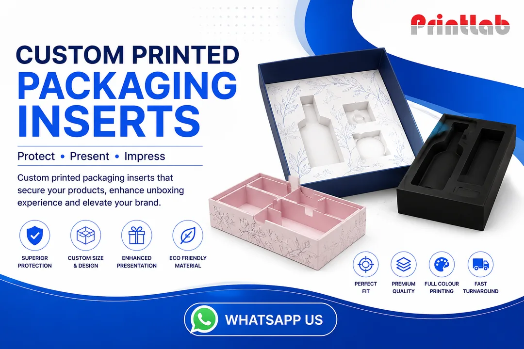 Custom printed precision-fit paperboard packaging inserts with high-density foam cushioning layers and custom contour die-cutting manufactured by Printlab Marketing Sdn Bhd.
