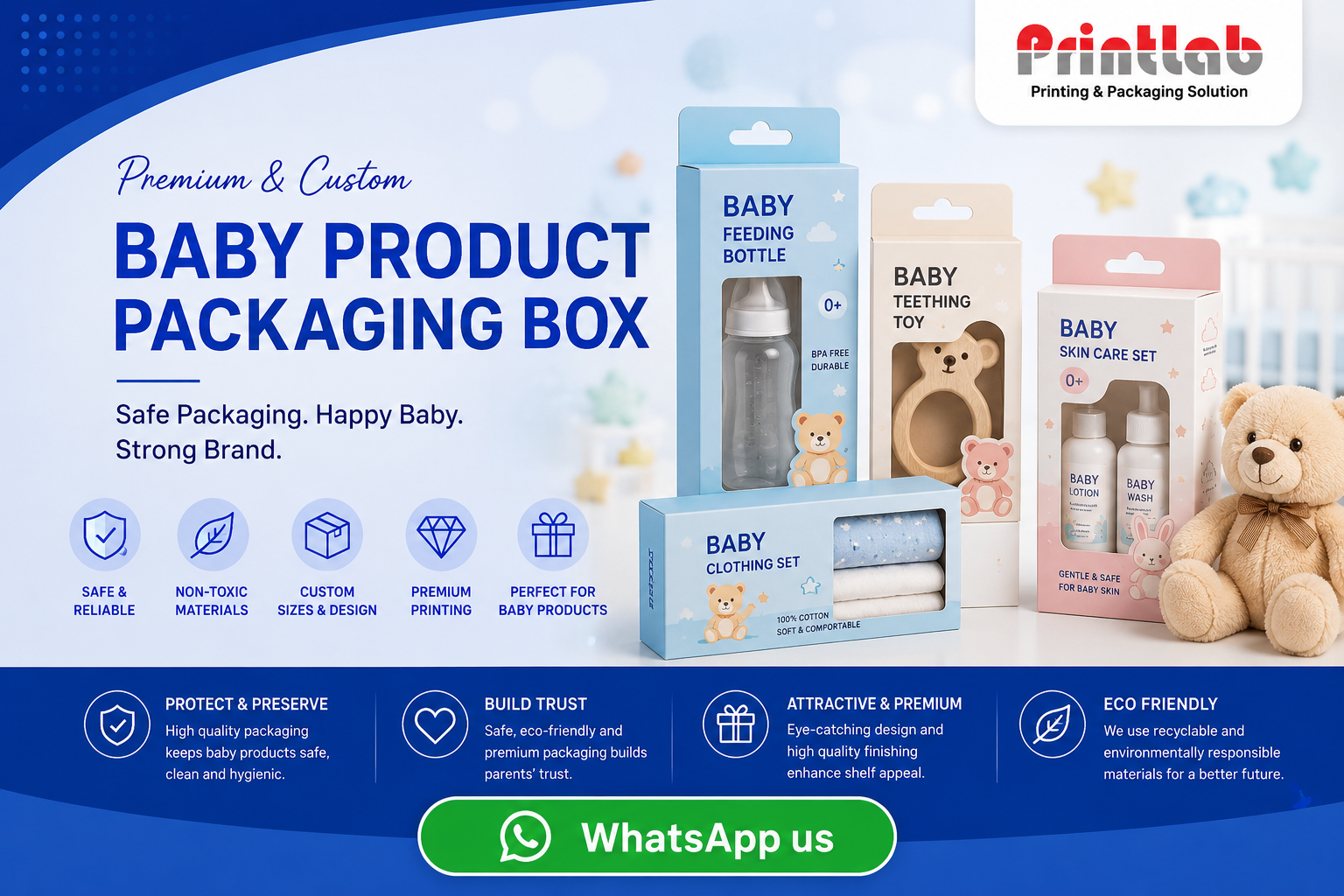Custom protective baby product packaging box featuring soft matte coatings, clear anti-scratch PET material window patch, non-toxic eco-friendly ink profiles, and custom precision-cut structural flaps on display at Printlab Marketing Sdn Bhd.