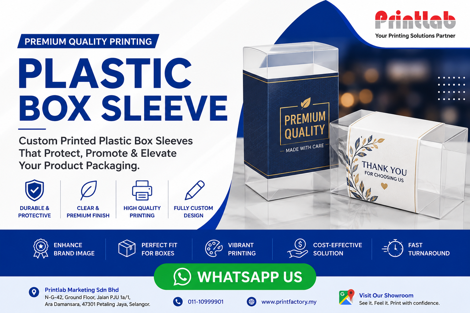 Custom printed transparent plastic box sleeves made of high-clarity scratch-resistant PET plastic sheet with soft-crease folding lines by Printlab Marketing Sdn Bhd.