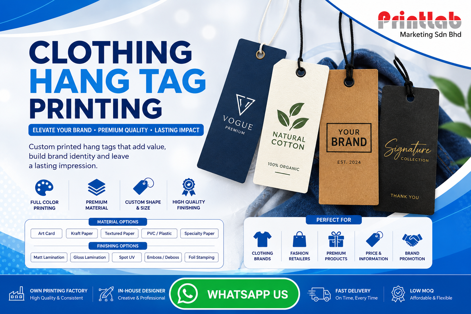 High-end custom printed matte-laminated clothing product hang tags featuring gold hot stamping foil text, precise center punch holes, and clean die-cut edges stacked at Printlab Marketing.