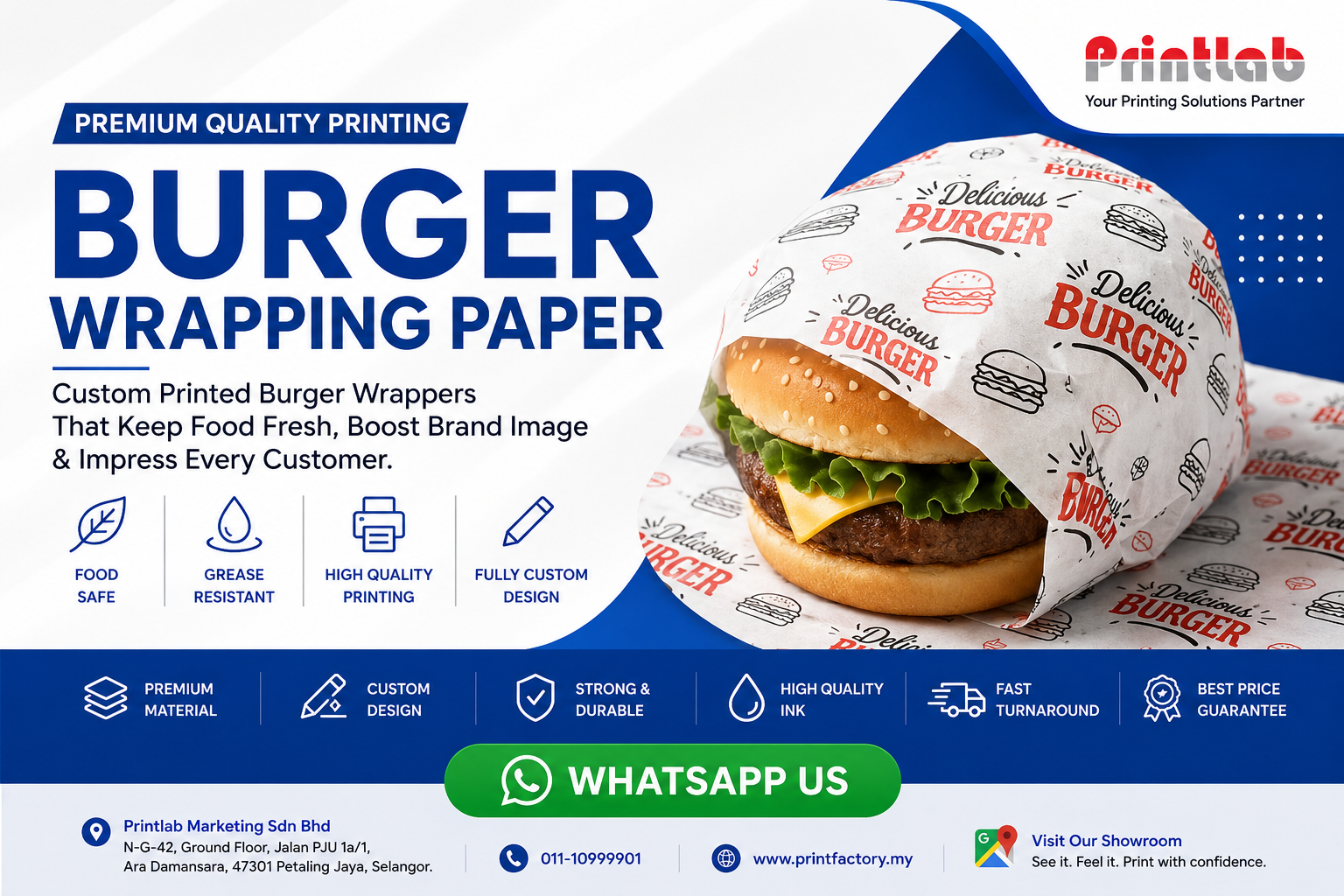Custom printed food-grade burger wrapping paper sheets with high grease resistance and low-migration corporate logo ink branding manufactured at the Printlab Marketing Sdn Bhd factory.