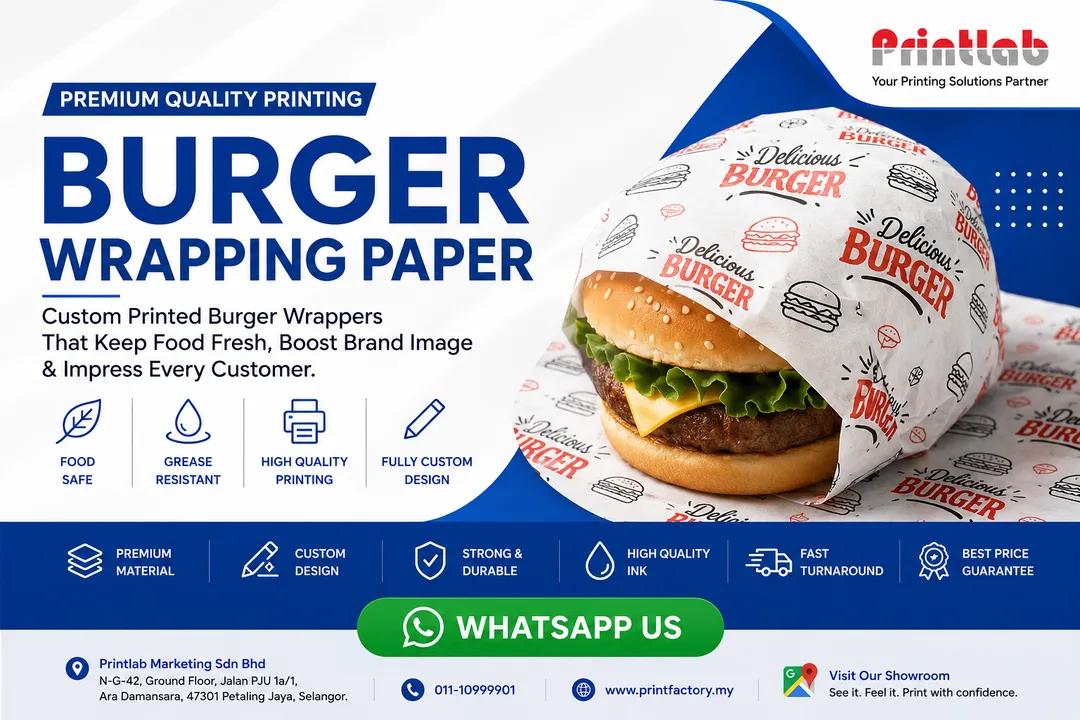 Custom printed food-grade burger wrapping paper sheets with high grease resistance and low-migration corporate logo ink branding manufactured at the Printlab Marketing Sdn Bhd factory.