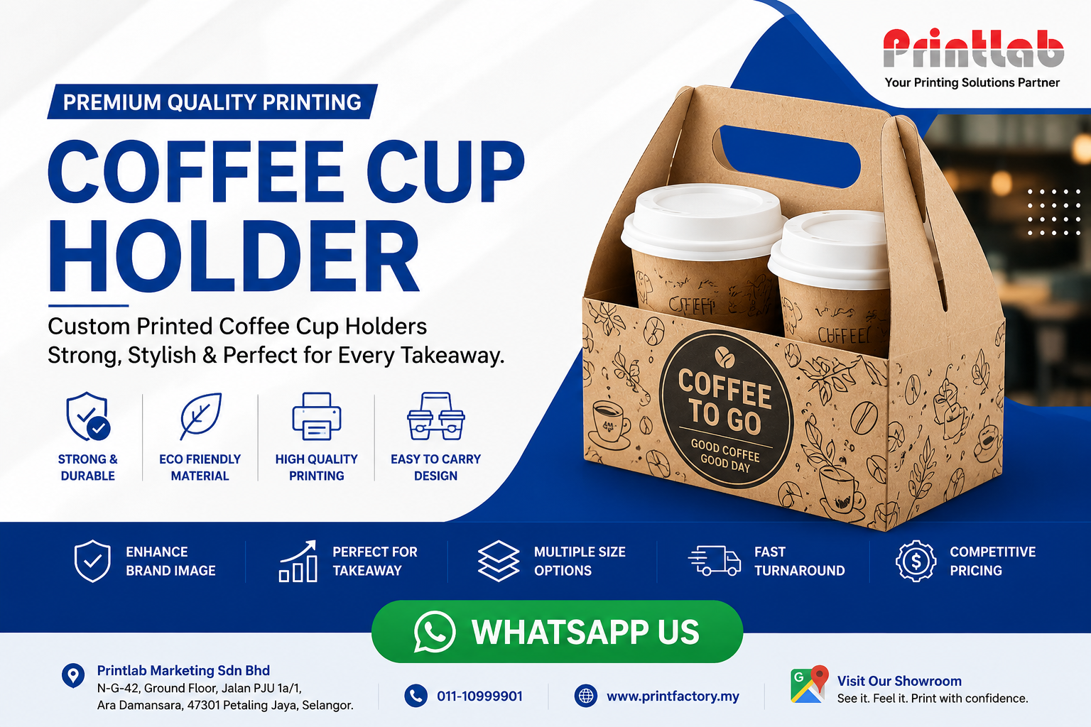Custom full-color printed corrugated coffee cup carriers with reinforced die-cut handles holding takeaway beverage cups securely at Printlab Marketing Sdn Bhd.