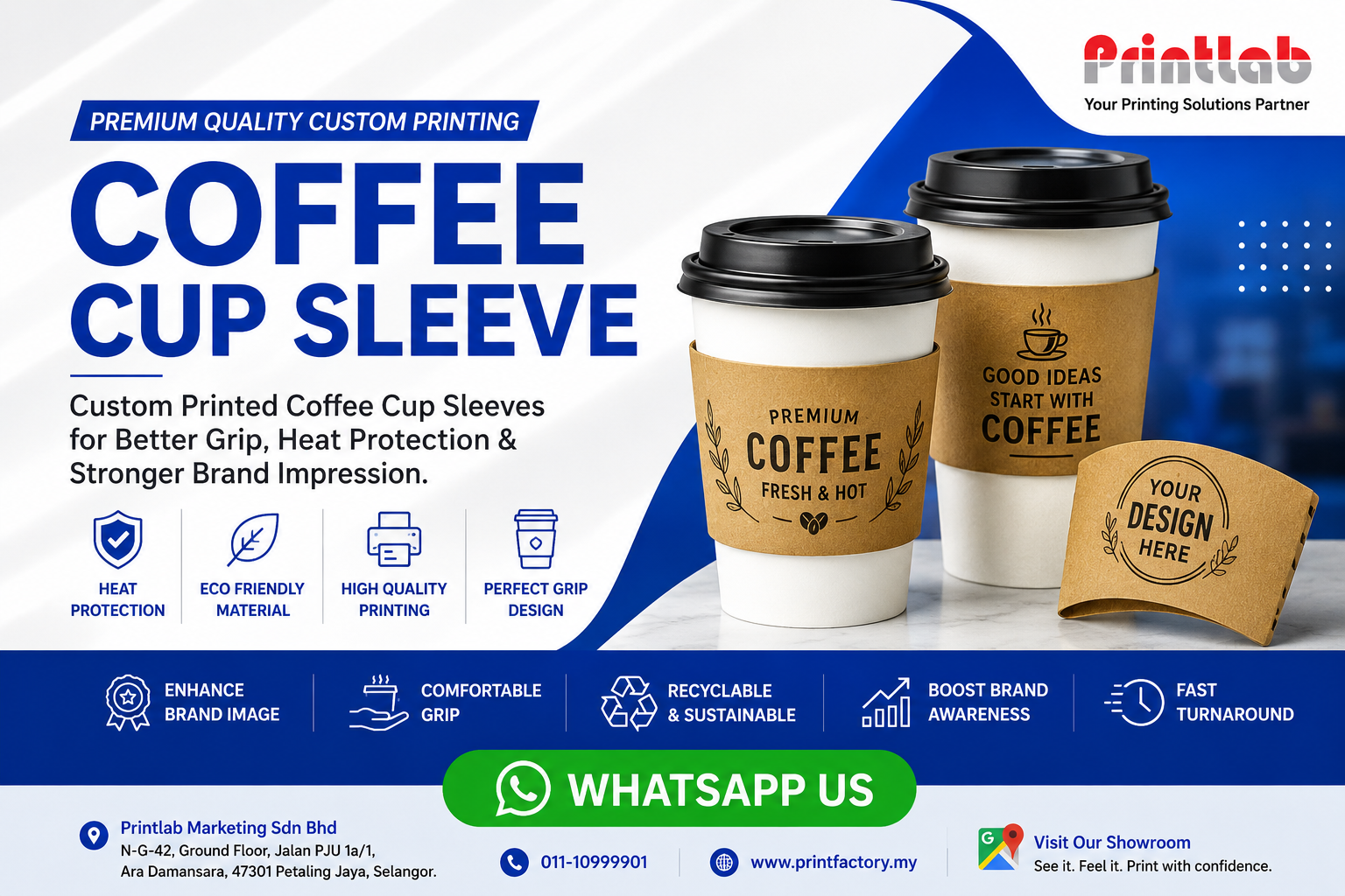 Custom full-color printed corrugated paper coffee cup sleeves insulating hot takeaway beverage cups manufactured at Printlab Marketing Sdn Bhd.