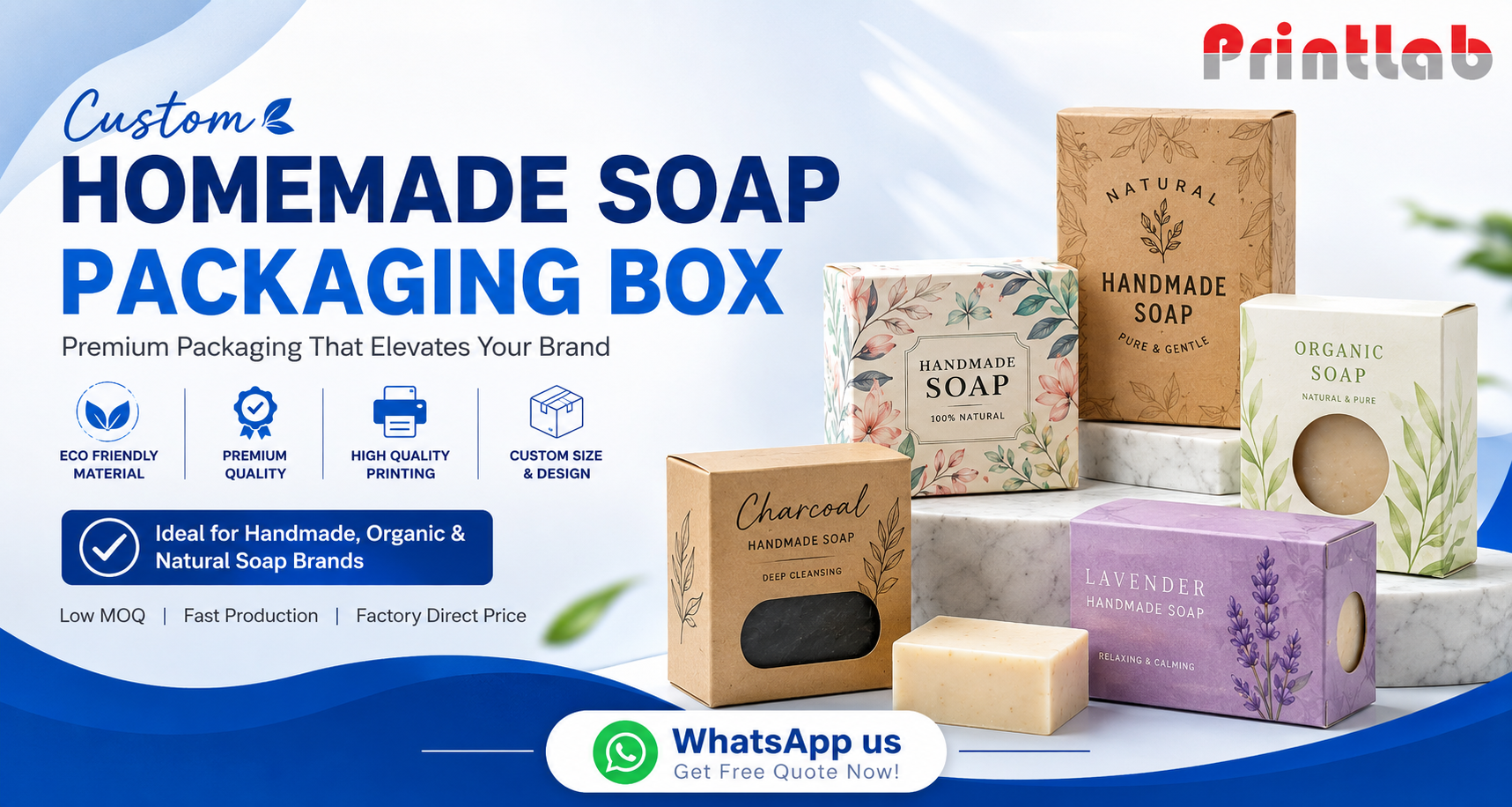 Custom printed artisanal homemade soap packaging boxes featuring organic unbleached kraft textures, precise die-cut display windows, and oil-resistant matte coatings produced at the Printlab Marketing Sdn Bhd packaging factory.