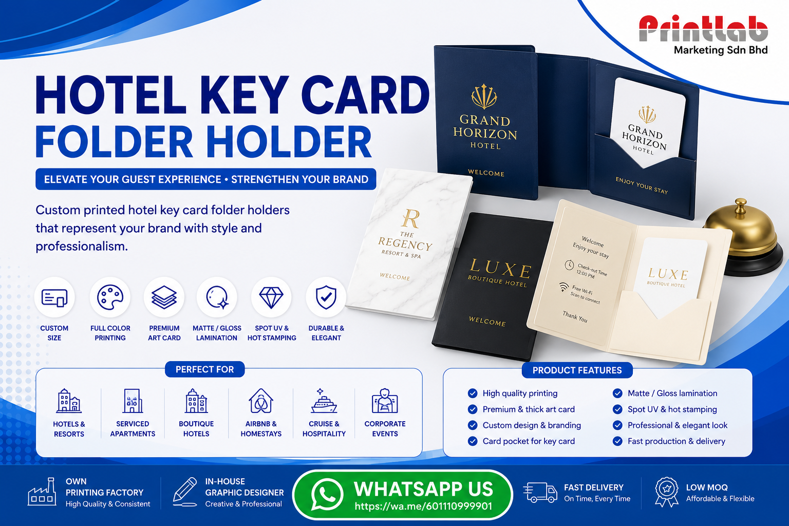 Custom printed hotel key card folder holders featuring exact interior die-cut pockets, clean slits for key cards, matte protective lamination, and bright brand logos displayed at Printlab Marketing PJ.