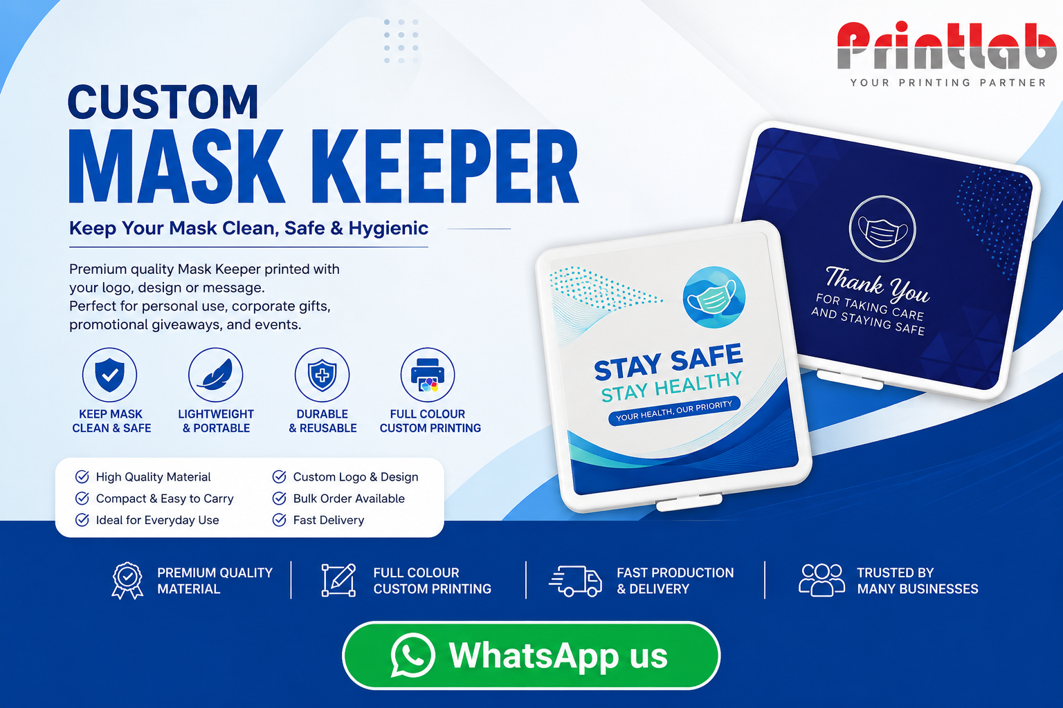 Custom printed corporate mask keeper storage folders with precise die-cut folding paths, high-definition promotional brand logo prints, and secure snap-lock tabs manufactured at the Printlab Marketing Sdn Bhd factory.