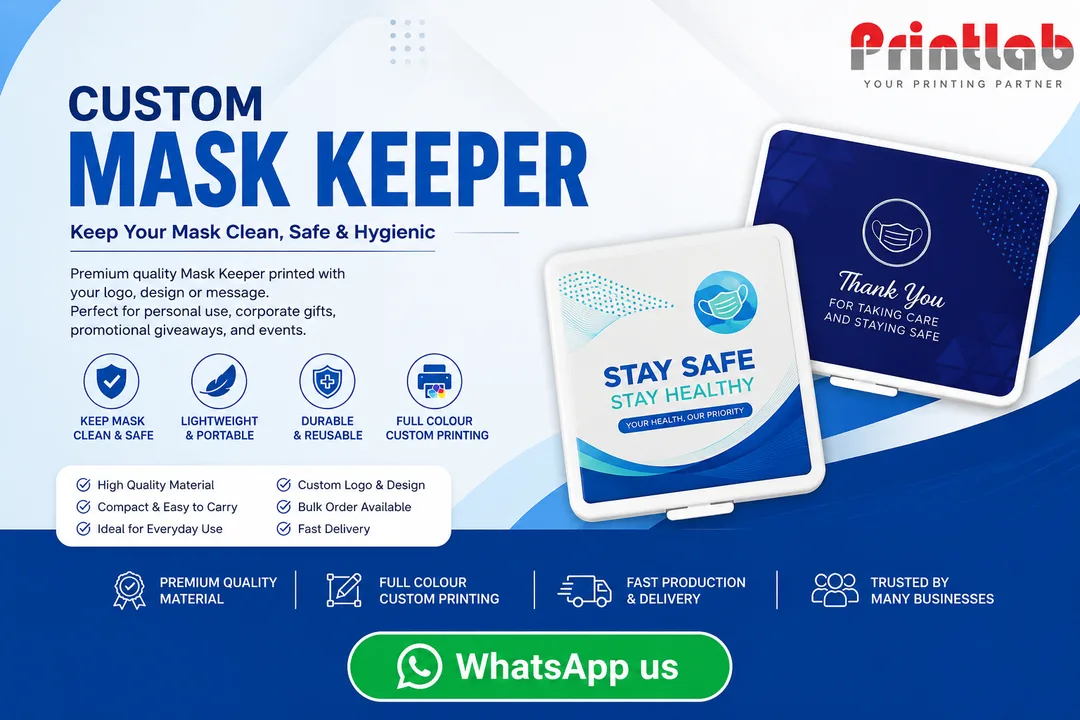 Custom printed corporate mask keeper storage folders with precise die-cut folding paths, high-definition promotional brand logo prints, and secure snap-lock tabs manufactured at the Printlab Marketing Sdn Bhd factory.