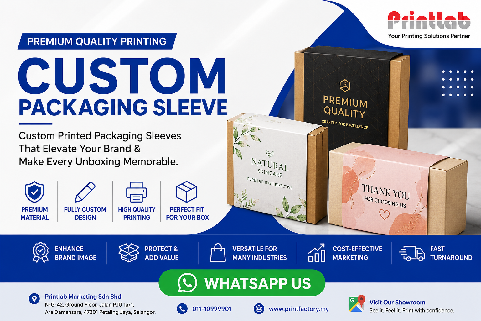 Custom branded full-color printed paper packaging sleeves and box sarung kotak wrapping retail product boxes manufactured at Printlab Marketing Sdn Bhd.