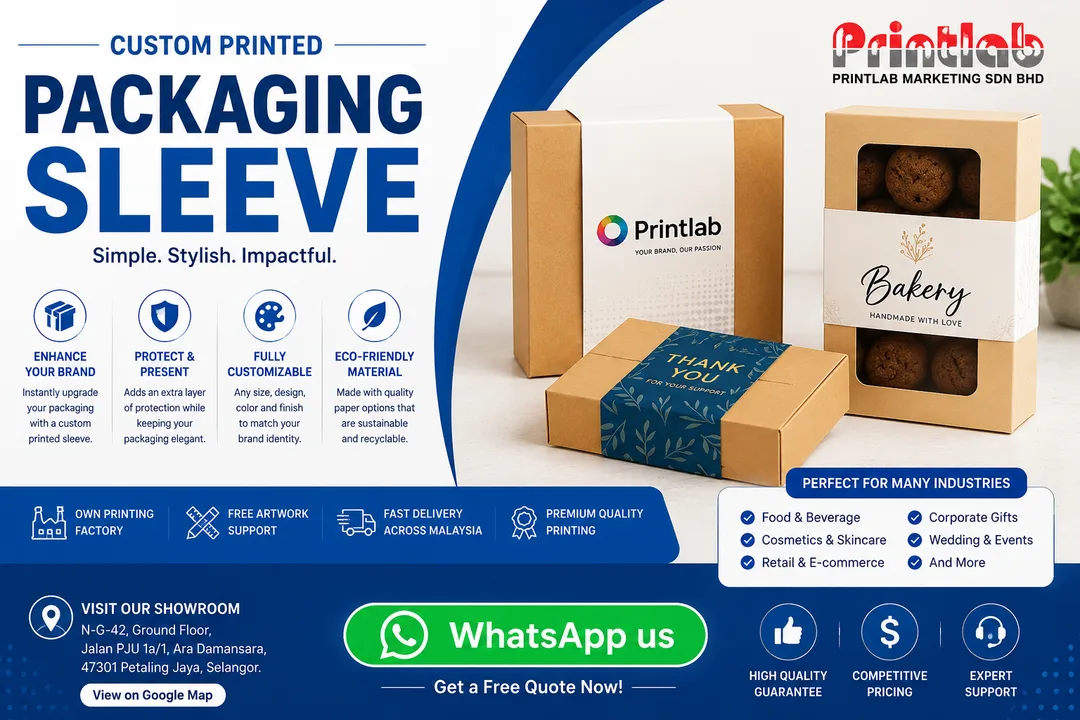 Precision-cut custom printed packaging sleeves featuring accurate scoring lines, vibrant brand logos, and smooth matte lamination stacked on the Printlab Marketing PJ production floor.