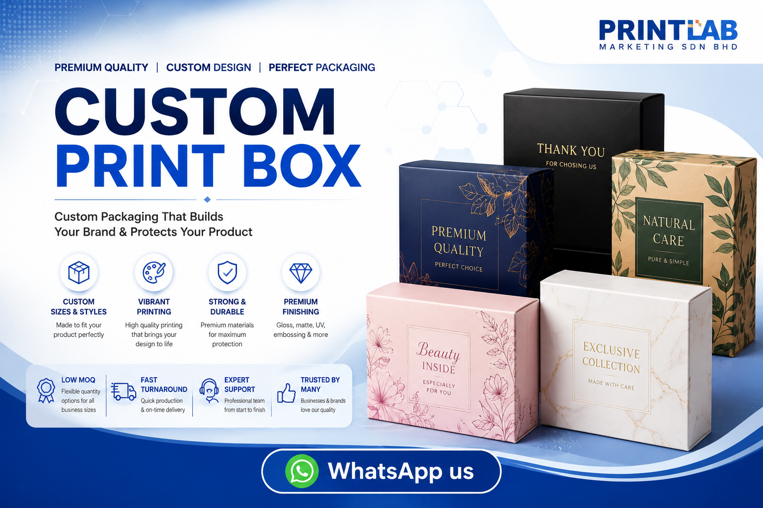Custom printed retail display boxes and die-cut product packaging sleeves with crisp matte lamination and precise creasing lines manufactured at the Printlab Marketing Sdn Bhd printing factory.