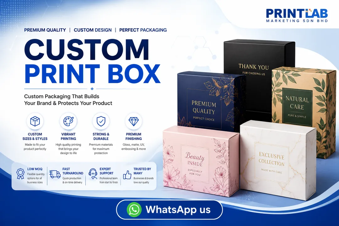 Custom printed retail display boxes and die-cut product packaging sleeves with crisp matte lamination and precise creasing lines manufactured at the Printlab Marketing Sdn Bhd printing factory.