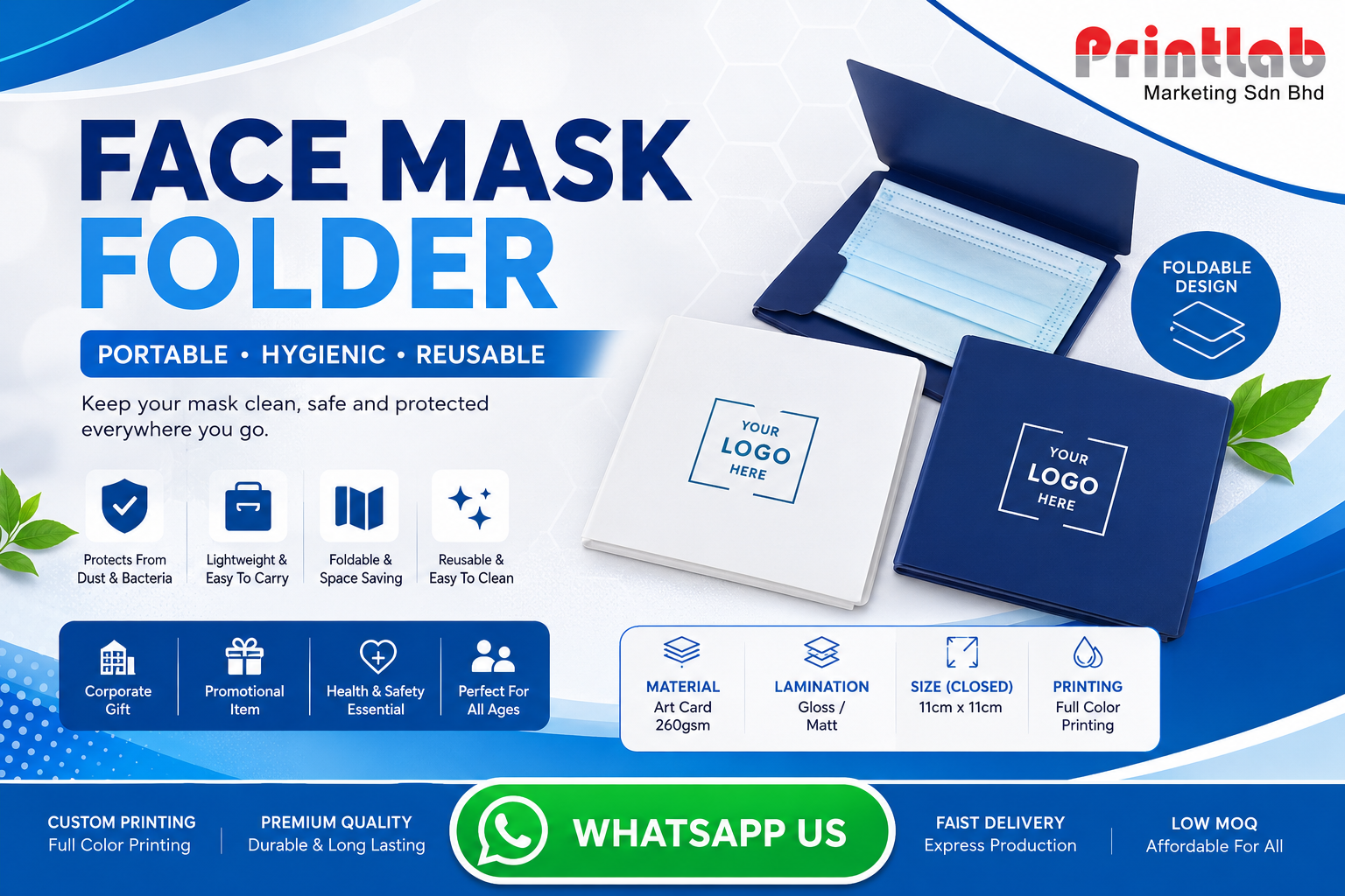Custom full-color corporate branded foldable face mask storage keeper folder made of hygienic polypropylene material laid out flat on a production table at Printlab Marketing.