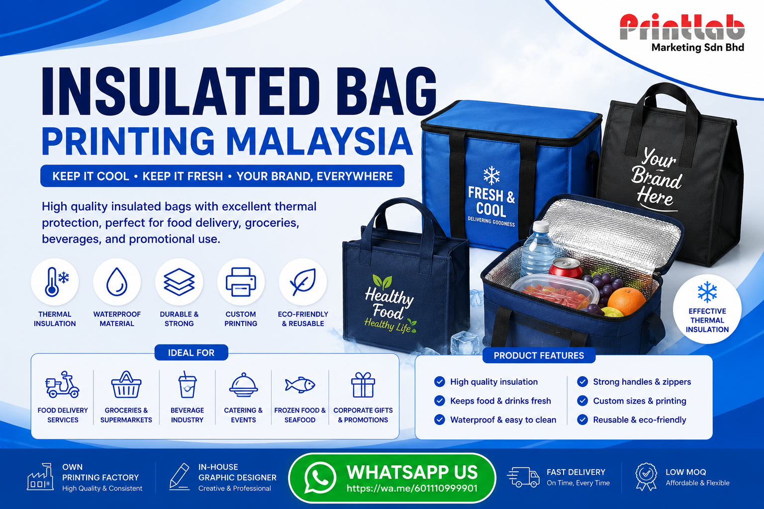 Custom printed insulated thermal cooler bags featuring vibrant corporate logos, thick aluminum foil lining, secure zipper closures, and reinforced nylon carry handles displayed on an inspection table at Printlab Marketing PJ.