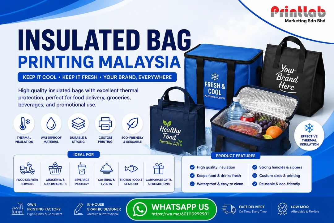 Custom printed insulated thermal cooler bags featuring vibrant corporate logos, thick aluminum foil lining, secure zipper closures, and reinforced nylon carry handles displayed on an inspection table at Printlab Marketing PJ.