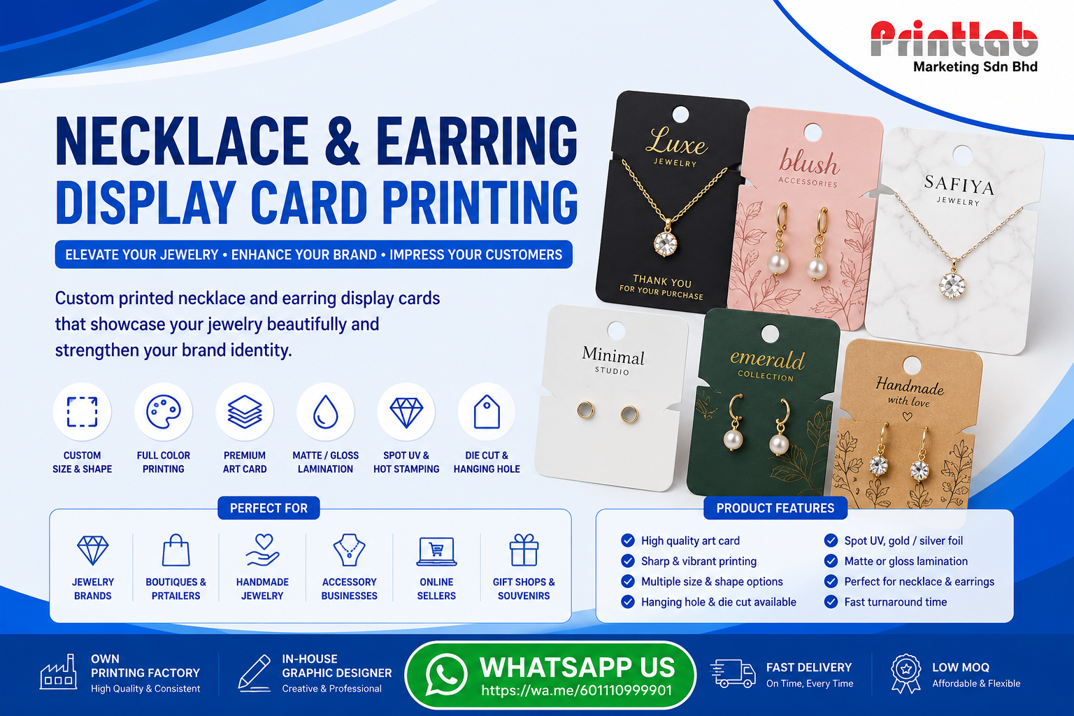 Custom printed necklace and earring display backing cards featuring precision die-cut holes, side slits for chains, premium matte cardstock construction, and hot foil stamping accents on display at Printlab Marketing PJ.