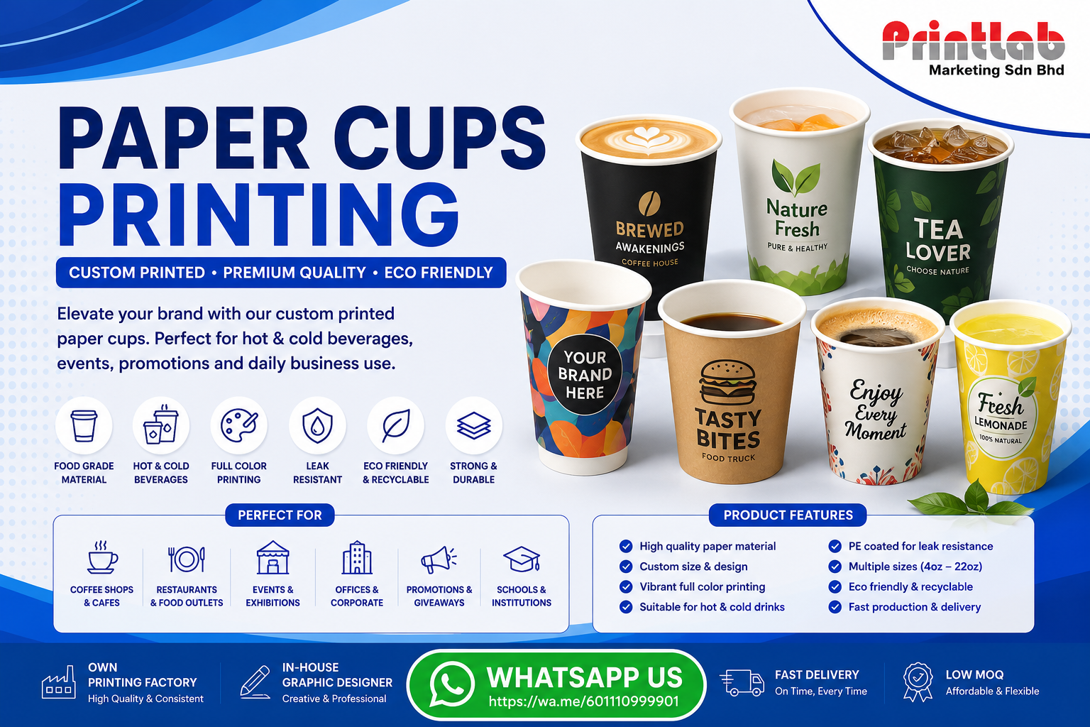 High-density custom printed paper cups featuring crisp corporate logos, tightly sealed bottom rims, and sturdy rolled edges stacked perfectly on the Printlab Marketing PJ manufacturing floor.