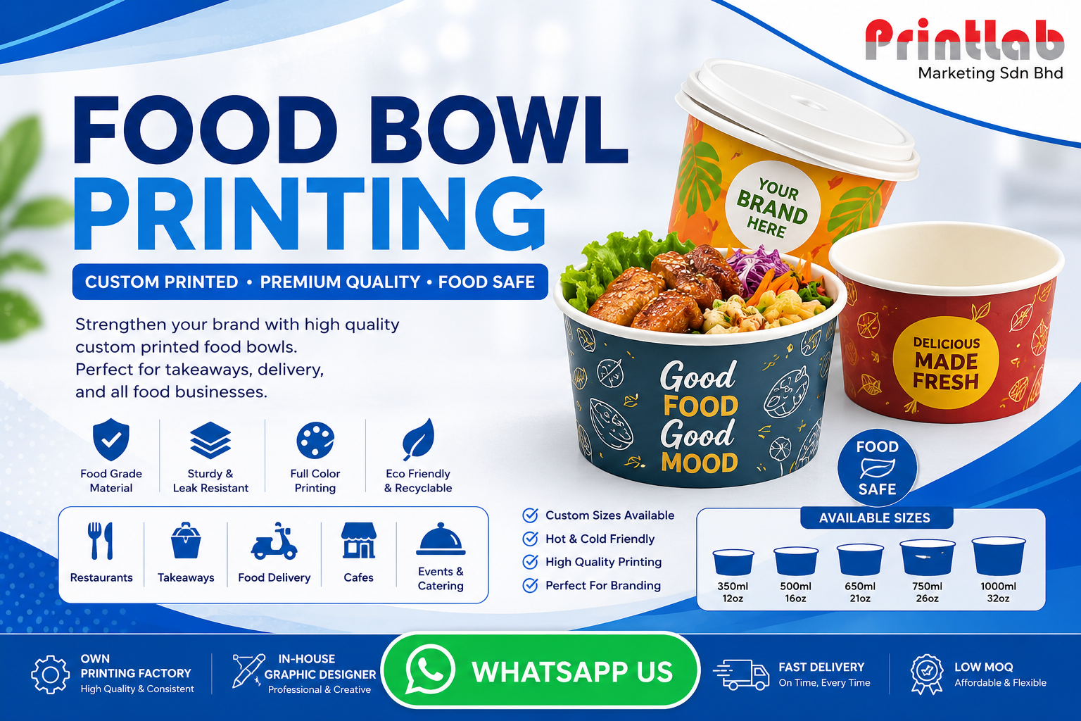 Custom full-color corporate branded disposable paper food bowls with leakproof lining stacked neatly on a production counter at Printlab Marketing.