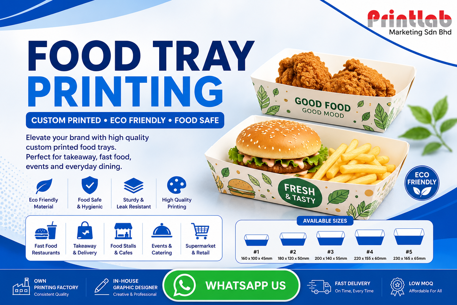 Custom full-color corporate branded disposable paper food trays with greaseproof interior coating stacked neatly on a packing table at Printlab Marketing.