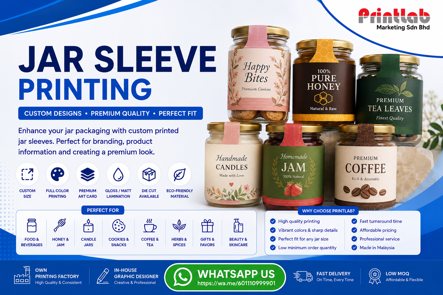 Custom printed paper jar sleeves featuring vibrant brand logos, precise custom die-cut shapes, elegant matte lamination, and structural interlocking tabs displayed on retail jars at Printlab Marketing PJ.