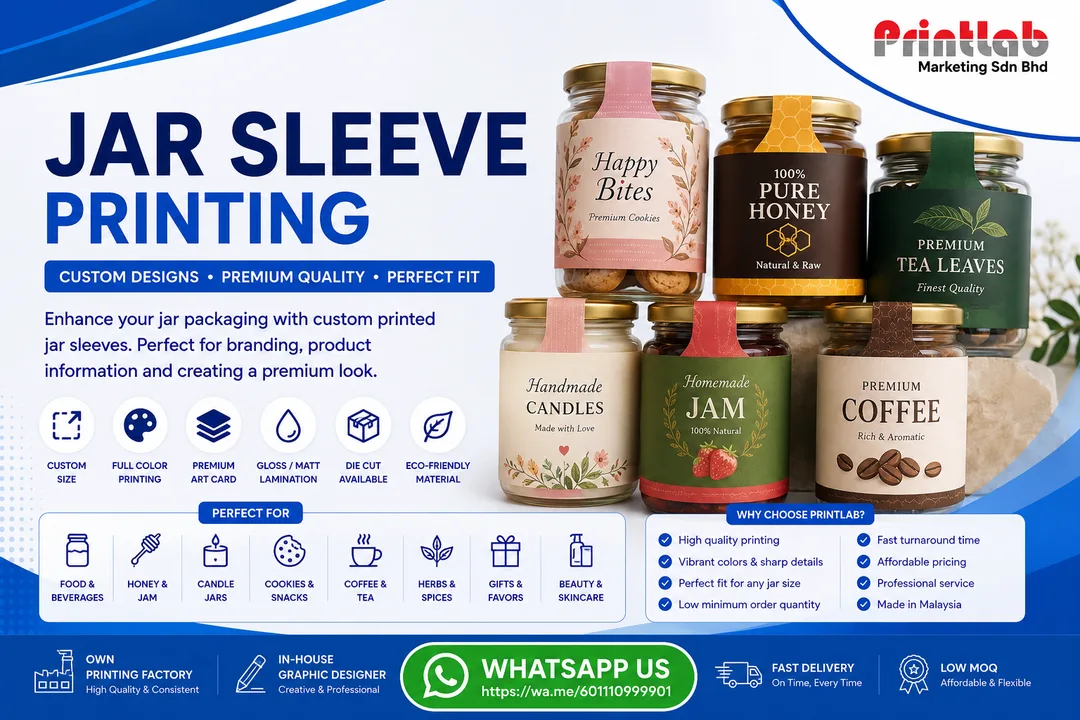 Custom printed paper jar sleeves featuring vibrant brand logos, precise custom die-cut shapes, elegant matte lamination, and structural interlocking tabs displayed on retail jars at Printlab Marketing PJ.