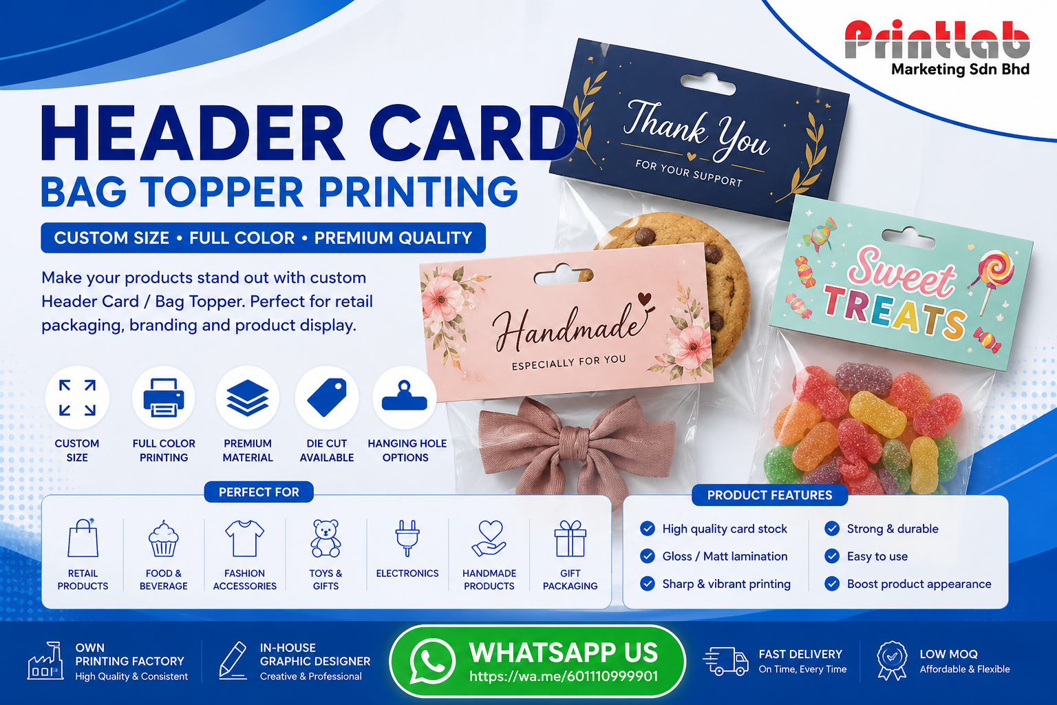 Double-sided full-color custom printed retail product header cards featuring precise pre-creased machine scoring lines and clean die-cut euro slot punch holes stacked on an inspection counter at the Printlab Marketing production facility.