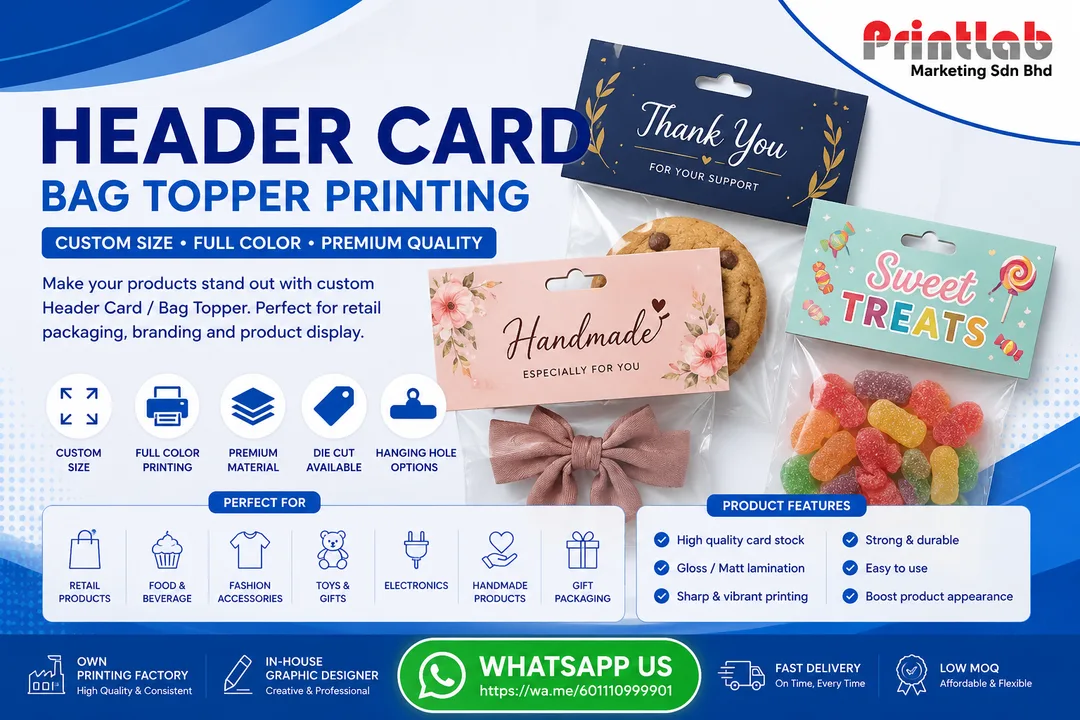 Double-sided full-color custom printed retail product header cards featuring precise pre-creased machine scoring lines and clean die-cut euro slot punch holes stacked on an inspection counter at the Printlab Marketing production facility.