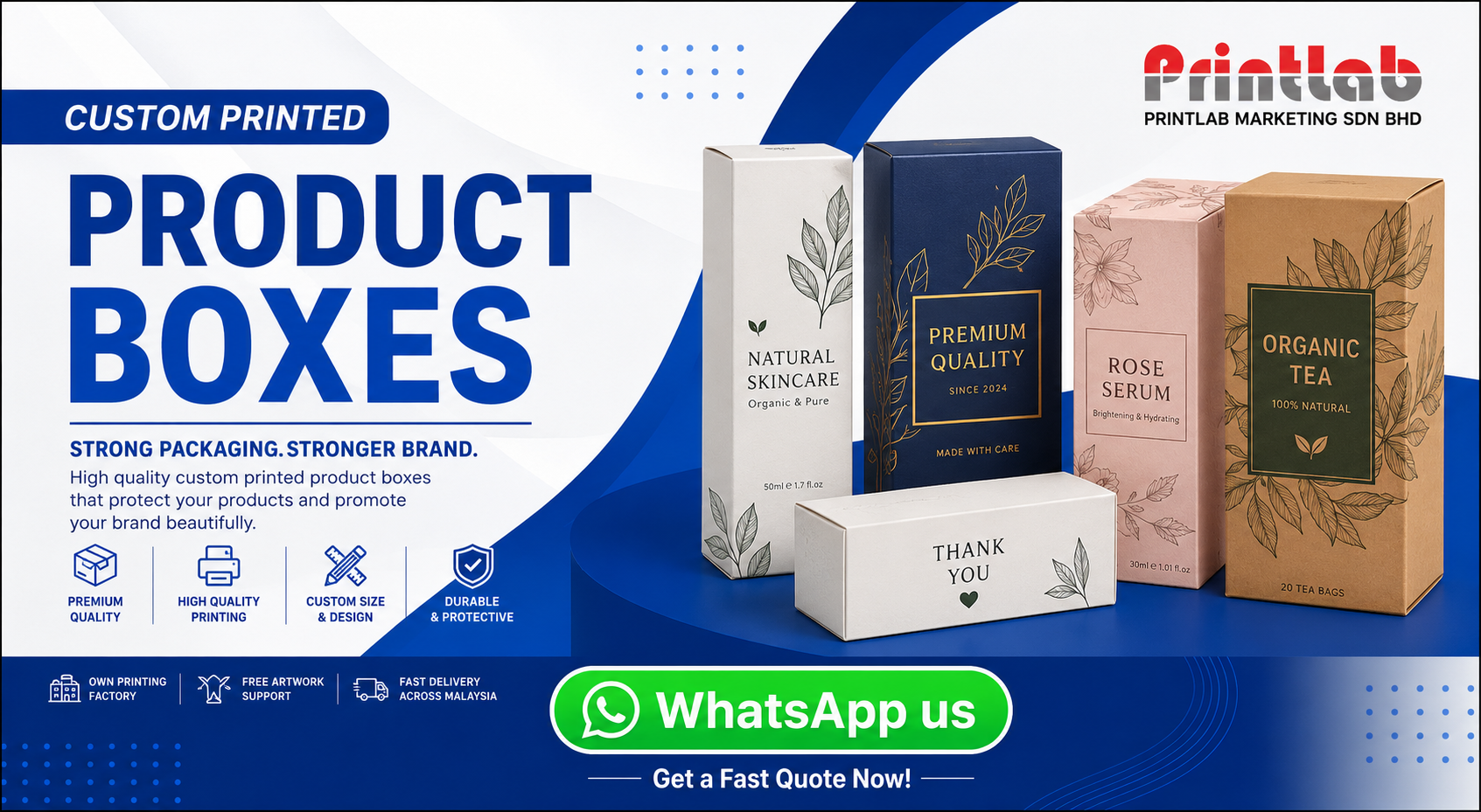 High-rigidity custom printed retail product boxes featuring vibrant brand cosmetics logos, precise machine scoring lines, and clean die-cut security tuck flaps displayed at Printlab Marketing PJ factory floor.