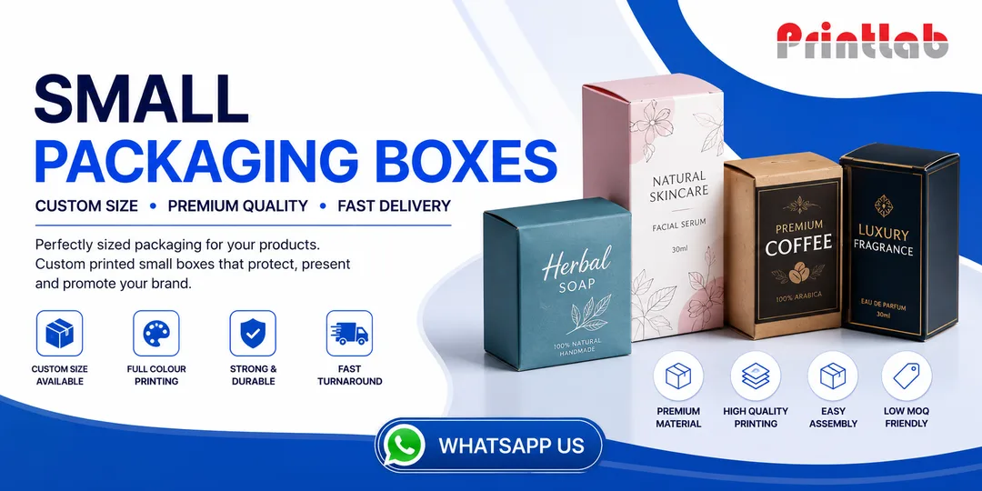 Custom printed small product packaging boxes with precision digital creasing and die-cut paths produced on the manufacturing floor of Printlab Marketing Sdn Bhd.