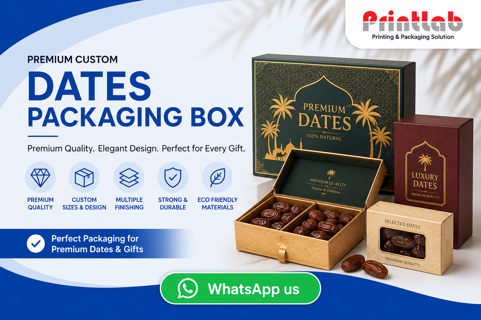 Custom premium dates packaging boxes featuring gold foil accents, sliding structural sleeves, and secure food-safe dividers on display at the Printlab Marketing Sdn Bhd Petaling Jaya showroom.