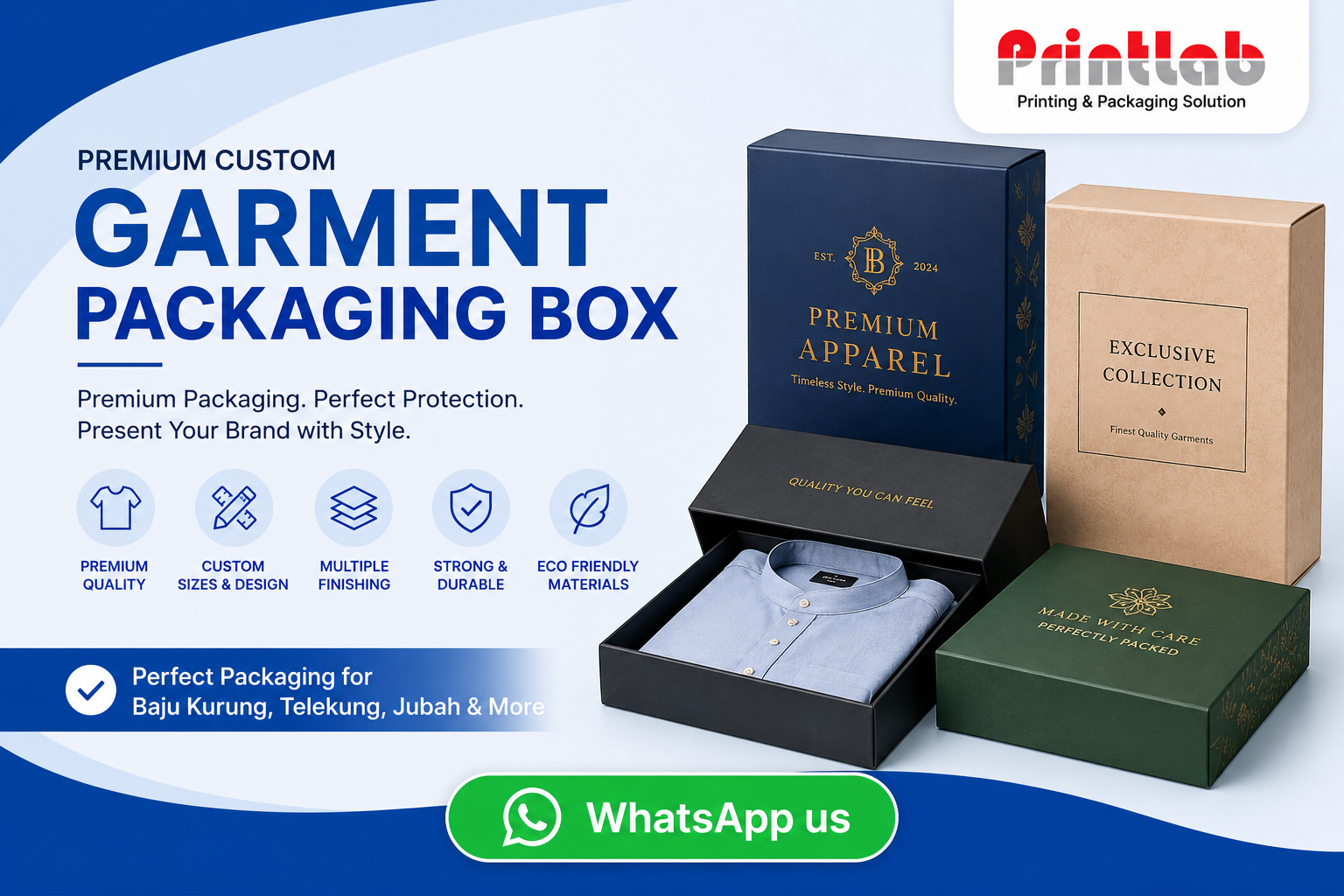 Premium corrugated and rigid custom garment packaging boxes printed with high-contrast luxury branding configurations for Baju Kurung and lifestyle apparel collections, displayed at Printlab Marketing Sdn Bhd