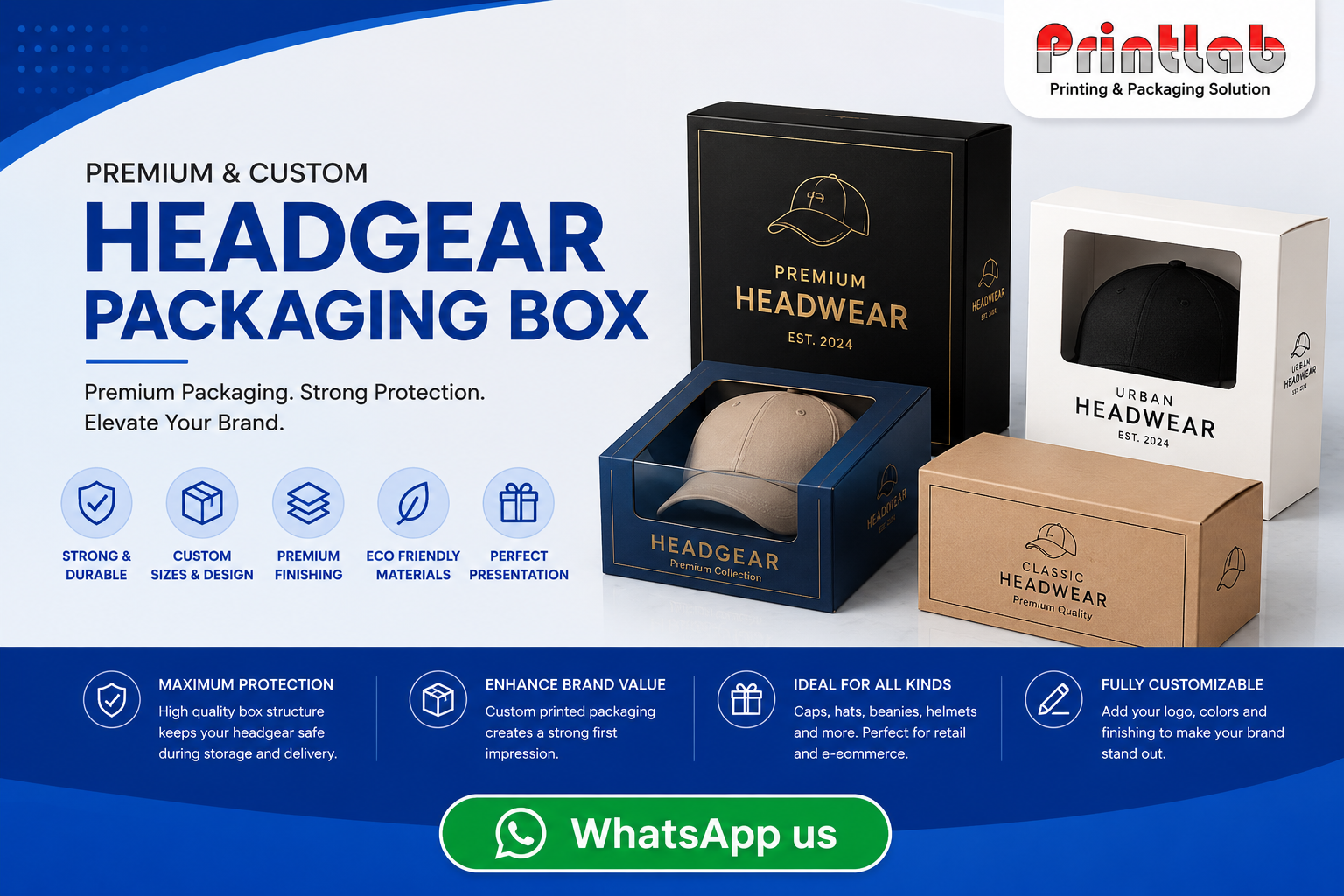 Custom premium reverse tuck end structural packaging box designed for headgear retail display, featuring crisp scoring lines, heavy-duty gloss artcard substrate, and protective matte lamination coatings at Printlab Marketing Sdn Bhd.
