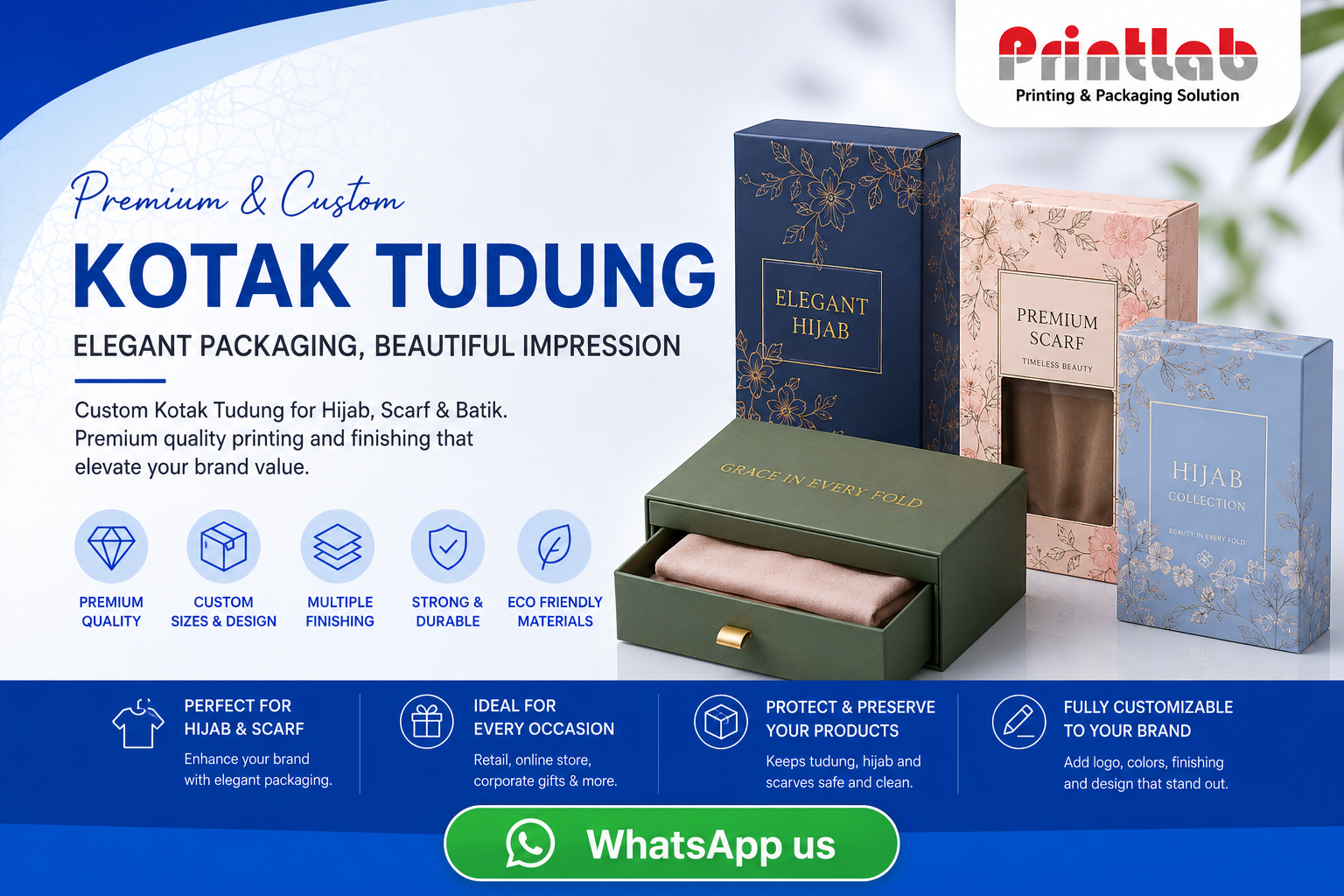 Custom premium luxury boxes for hijab and scarf packaging featuring elegant hot gold foil accents, precise structural folds, and clear viewing windows on display at Printlab Marketing Sdn Bhd.